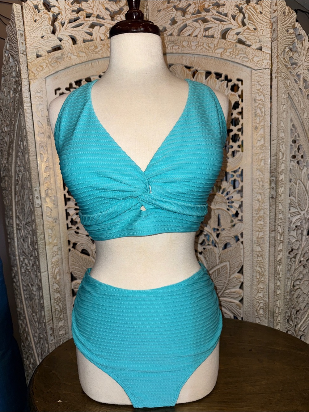 Textured Twist Front High Waist Bikini Set - Turquoise